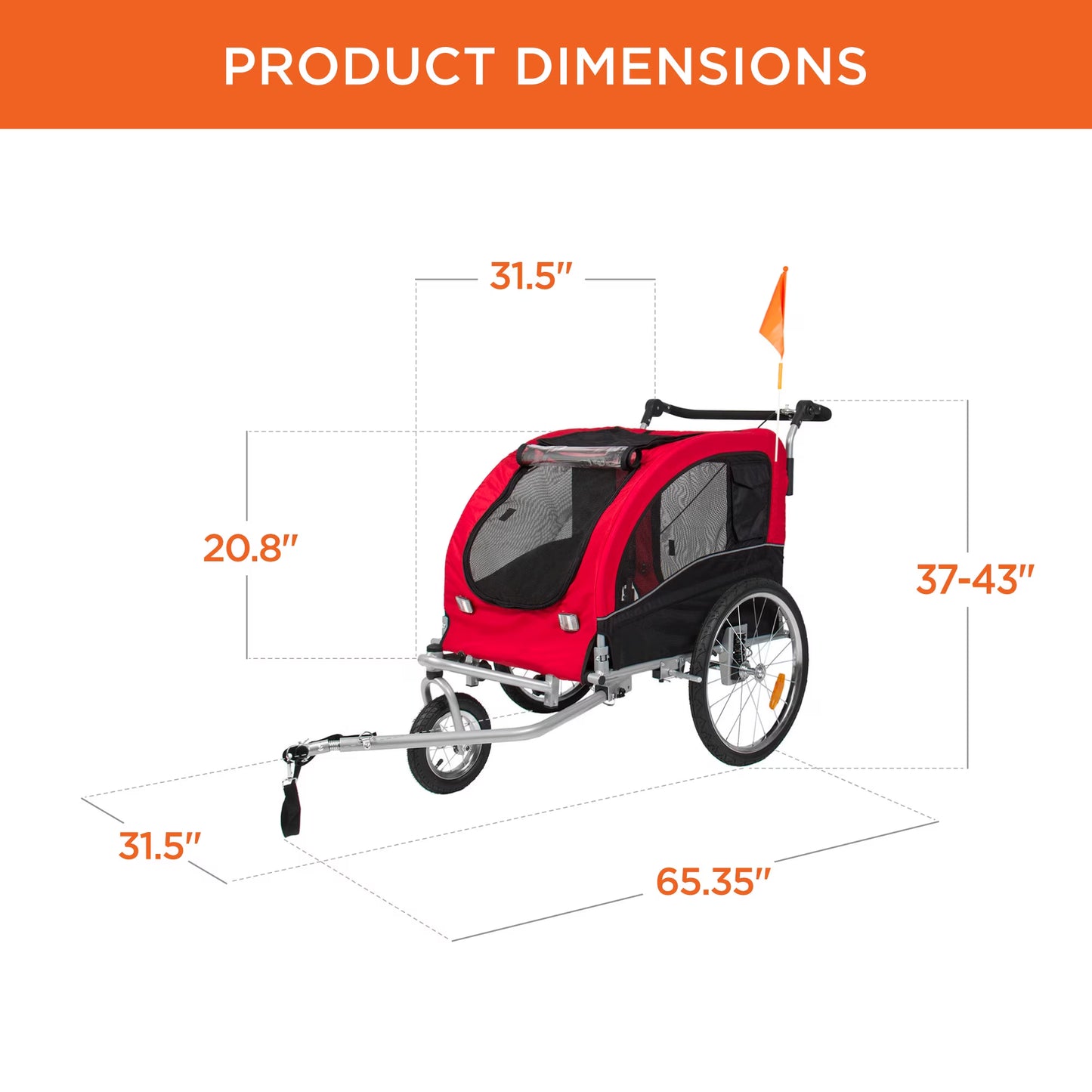 2-In-1 Dog Bike Trailer, Pet Stroller Bicycle Carrier W/ Hitch, Brakes, Visibility Flag, Reflector