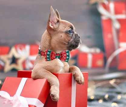 Christmas Dog Collar with Bow Tie, Red Green Strip Snowflake Dog Collar Soft Durable Adjustable Cotton Puppy Collar for Small Medium Large Dog
