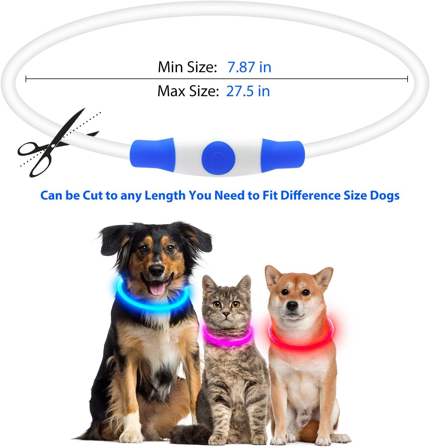 LED Dog Collar, USB Rechargeable Glowing Lighted up Collar, Cuttable Water-Resistant TPU Safety Collar Lights for Small Medium Large Dogs