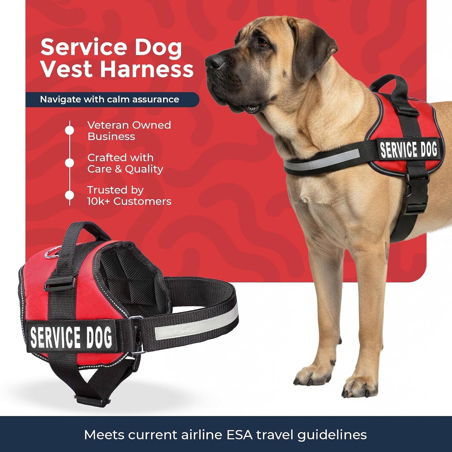 Service Dog Vest Harness, XL 30-39, Red | Durable & Adjustable Vest for Dog, Reflective Straps, Removable Patches, 50 ADA Cards, Handle & D-Ring, Travel and Daily Use
