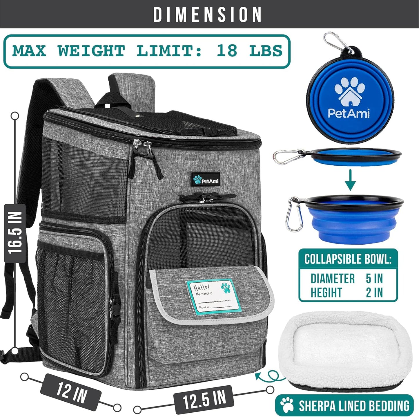 Dog Backpack Carrier, Airline Approved 4-Way Entry Cat Backpack Carrier, Ventilated Mesh, Collapsible Pet Carrier for Small Puppy, Kitten, Hiking, Travel Car, Vet, up to 18 Lbs, Heather Gray