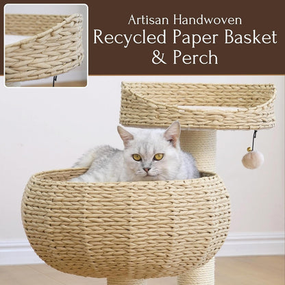 Modern Handwoven Cat Tree with 2 Cat Beds & Sisal Scratching Posts | Handcraft Paper Rope Baskets Bed and Perch, Removeable and Washable Cushion, Replaceable Post, a Pum-Pum Toy, Beige