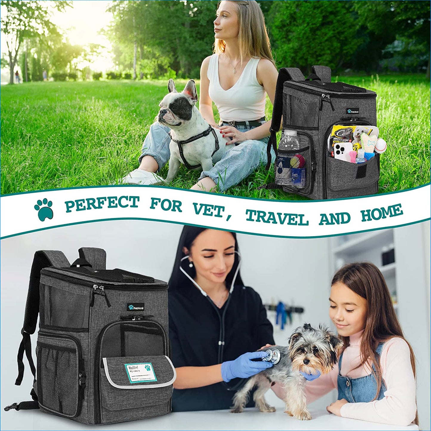 Dog Backpack Carrier, Airline Approved 4-Way Entry Cat Backpack Carrier, Ventilated Mesh, Collapsible Pet Carrier for Small Puppy, Kitten, Hiking, Travel Car, Vet, up to 18 Lbs, Charcoal Gray
