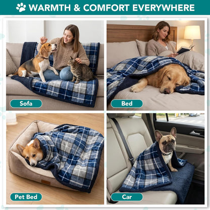 Dog Blanket for Small Medium Dogs and Cats, Soft Sherpa Fleece Pet Blanket Throw Puppies Kittens, Reversible Plush Couch Cover Protector Sofa Bed Crate, Machine Washable, 60X40, Plaid Navy Blue