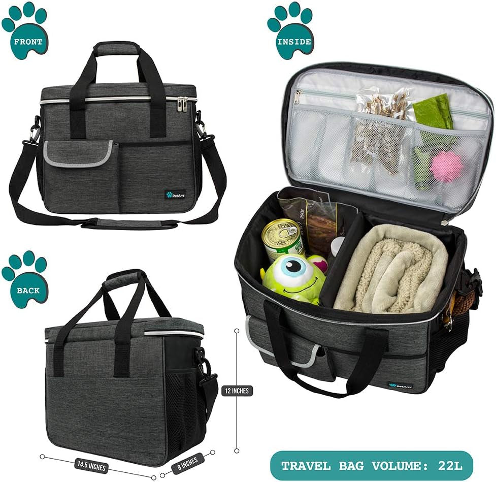 Dog Travel Bag Organizer, Pet Supplies Diaper Tote, Dark Gray Medium | Pet Travel Kit with 2 Food Containers & 2 Collapsible Dog Bowls, Luggage Sleeve, Weekend Getaway Road Trip Camping Essentials