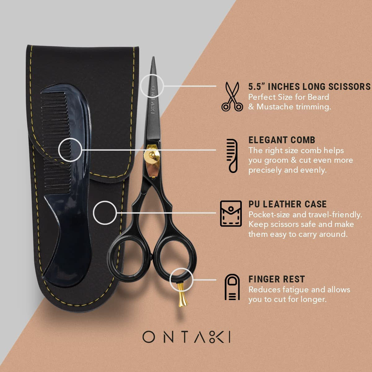 Beard & Mustache Scissors & Combs - 5.5" Japanese Steel, Black | Precision Sharp Blades, Ergonomic Finger Rest & Adjustable Tension Screw for Perfect Trimming - Beard Grooming Scissors