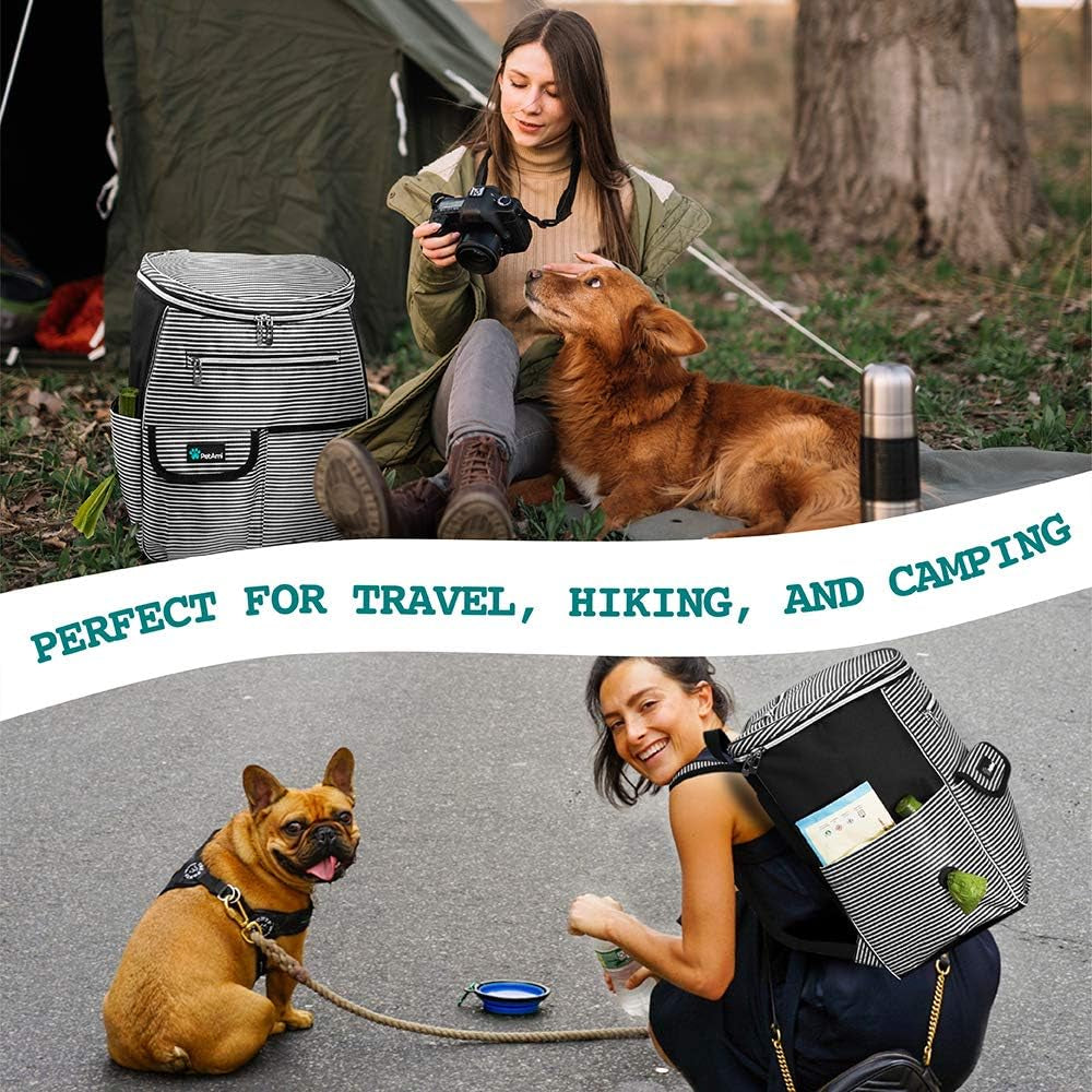 Dog Travel Backpack Airline Approved Pet Supplies Bag, Stripe Black | Cat Traveling Suitcase Organizer for Weekend Road Trip Camping; 2 Food Containers, 2 Collapsible Bowls & Poop Bag Dispenser