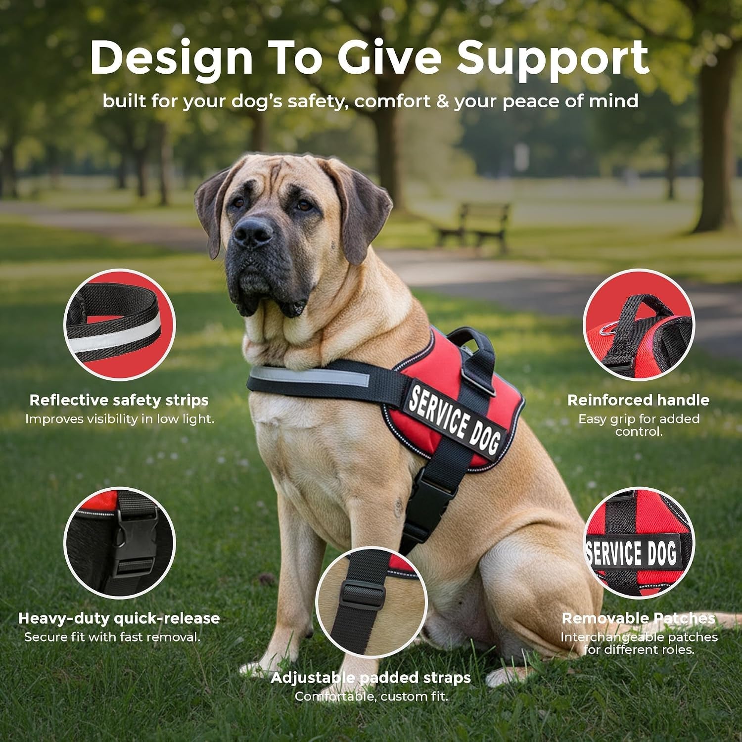 Service Dog Vest Harness, XL 30-39, Red | Durable & Adjustable Vest for Dog, Reflective Straps, Removable Patches, 50 ADA Cards, Handle & D-Ring, Travel and Daily Use