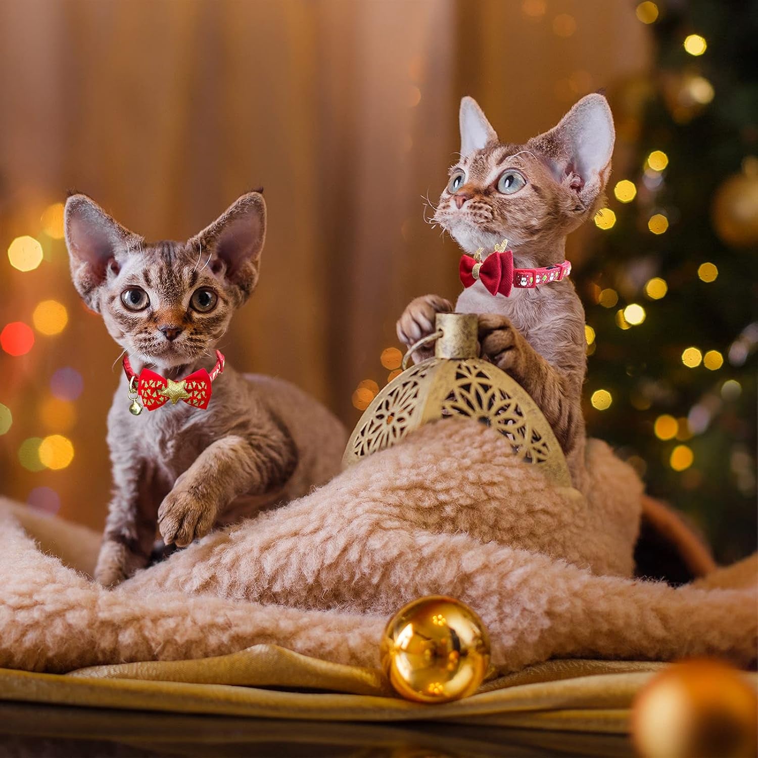 2 Pack Christmas Cat Collar with Bell, Santa & Christmas Tree Design | Safety Breakaway Buckle, Removable Bell, 2 Pack Christmas Bowtie Design, Soft Nylon Material, Adjustable Fit for Boy Gir Cats