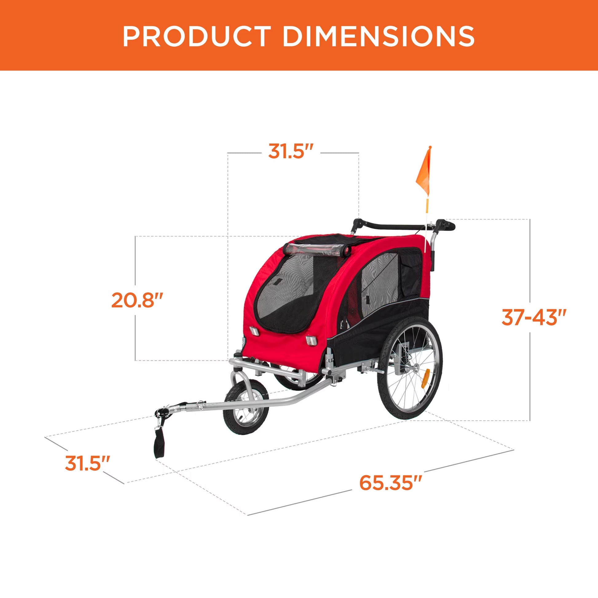 2-In-1 Dog Bike Trailer, Pet Stroller Bicycle Carrier W/ Hitch, Brakes, Visibility Flag, Reflector