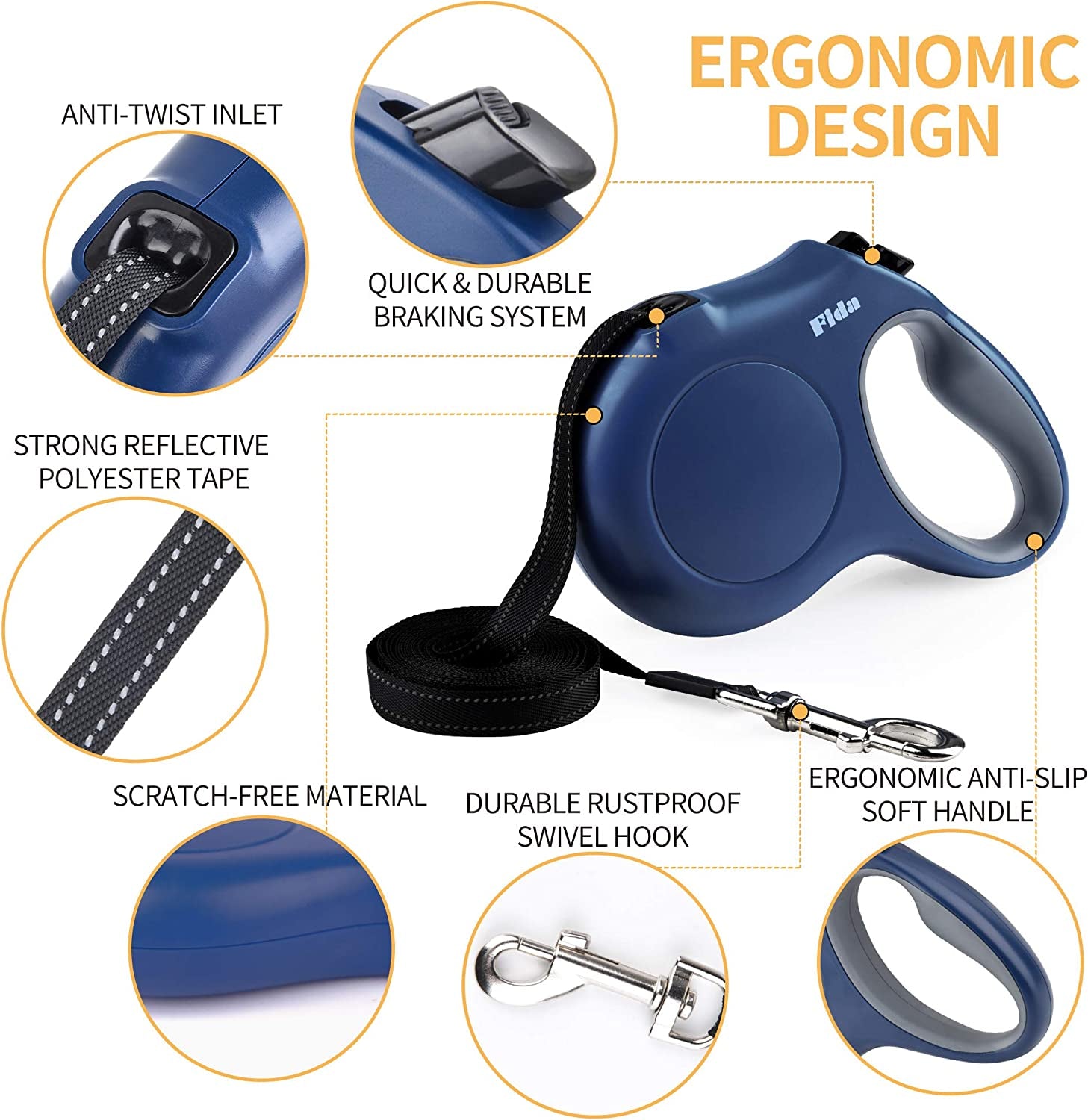 Retractable Dog Leash with Dispenser and Poop Bags,16 Ft, Navy Blue | Pet Walking Leash for Large Dog up to 110 Lbs, Anti-Slip Handle, Tangle Free, Reflective Nylon Tape