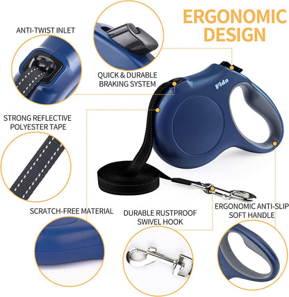 Retractable Dog Leash with Dispenser and Poop Bags,16 Ft, Navy Blue | Pet Walking Leash for Large Dog up to 110 Lbs, Anti-Slip Handle, Tangle Free, Reflective Nylon Tape