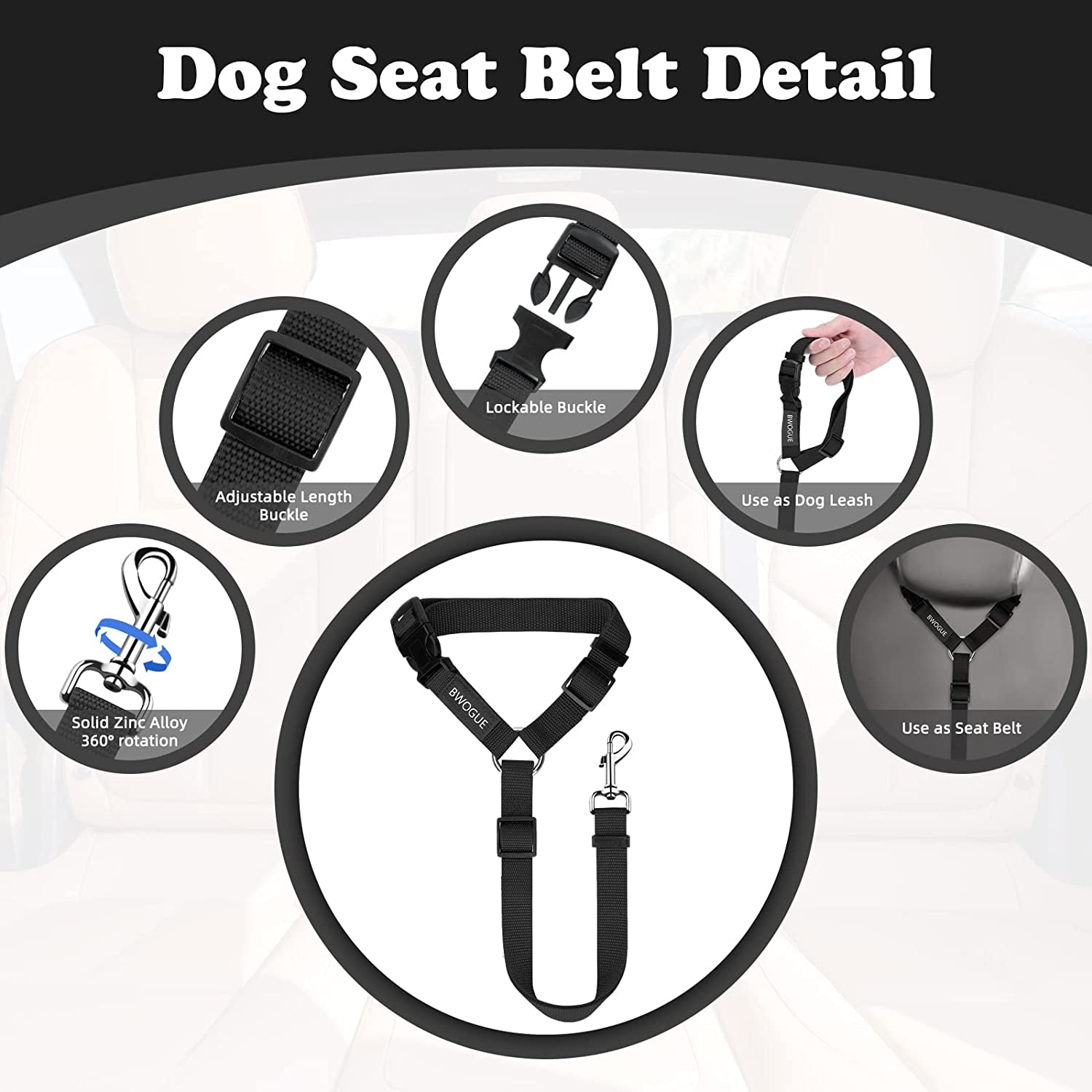Dog Seat Belt for Car, Headrest Restraint Safety Lead, Dogs Cats | Adjustable 18-30 in Length, Headrest Loop for Car Travel, 2-In-1 Seat Belt and Leash, Use with Dog Harness, Zinc Alloy Snap