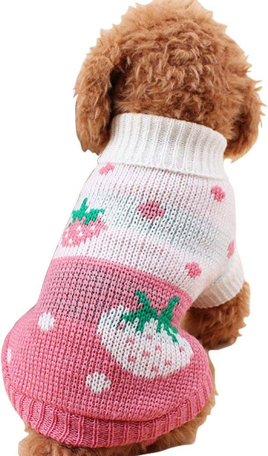 Pet Dog Sweaters Classic Knitwear Turtleneck Winter Warm Puppy Clothing Cute Strawberry and Heart Doggie Sweater (Pink, Small) | Cute Strawberry Pattern, Lightweight & Warm Knitted Winter Sweater, Cold Weather Coat, Great for Daily Wear, Easy on & Off