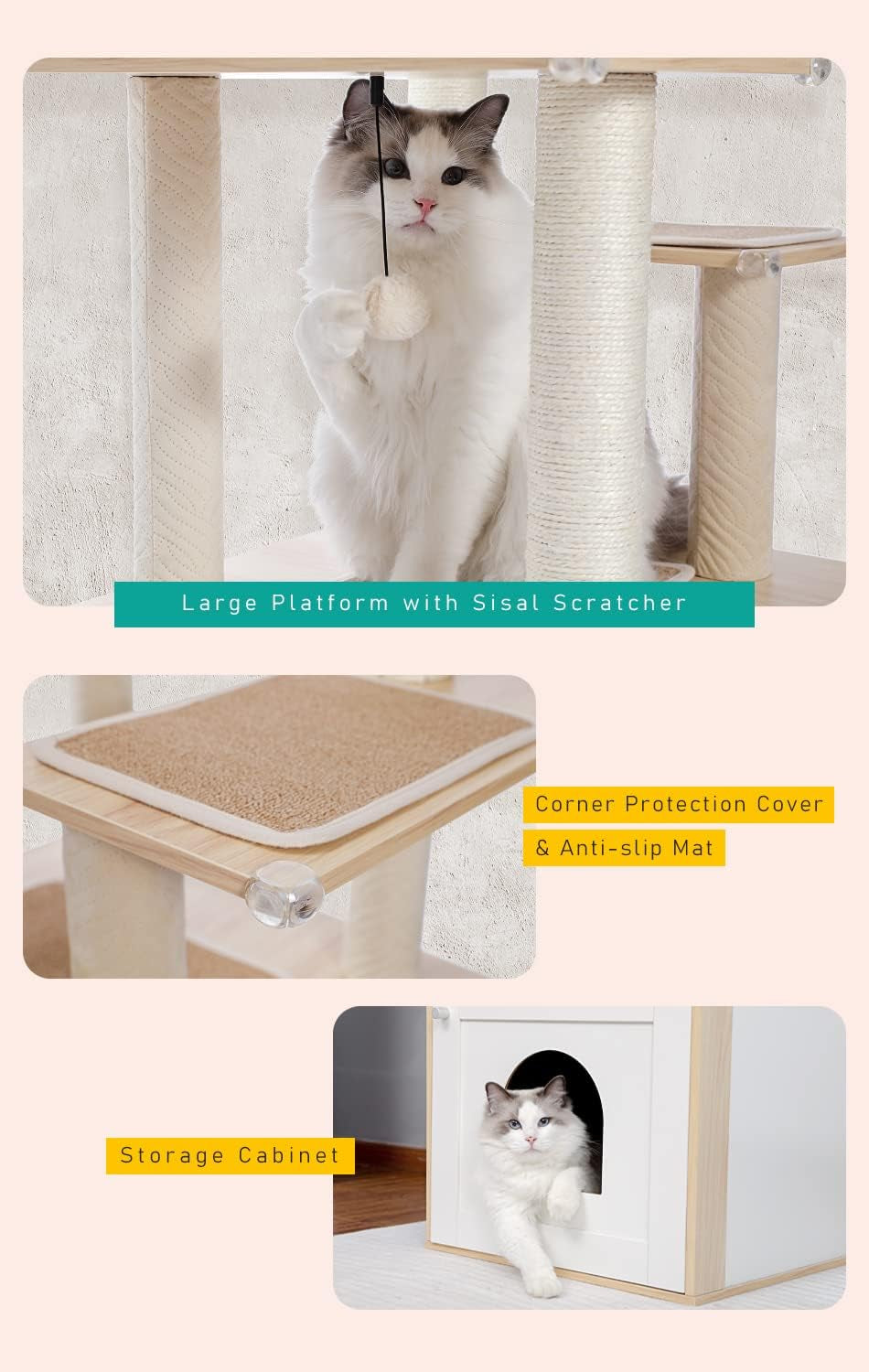 56.7" Cat Tree with Litter Box Enclosure, Wood Cat Tower, Beige | Enclosed Cabinet Hides a Litter Box; with Cozy Condo, Sisal Scratching Posts, Spoon Hammock & Top Perch for Indoor Cats