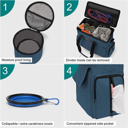Weekend Dog Travel Bag Set with 2 Food Bags, 2 Bowls and Mat,Blue | Dog Travel Accessories Organizer for Camping and Road Trips with Roomy Storage, Multiple Pockets and Water-Resistant Oxford