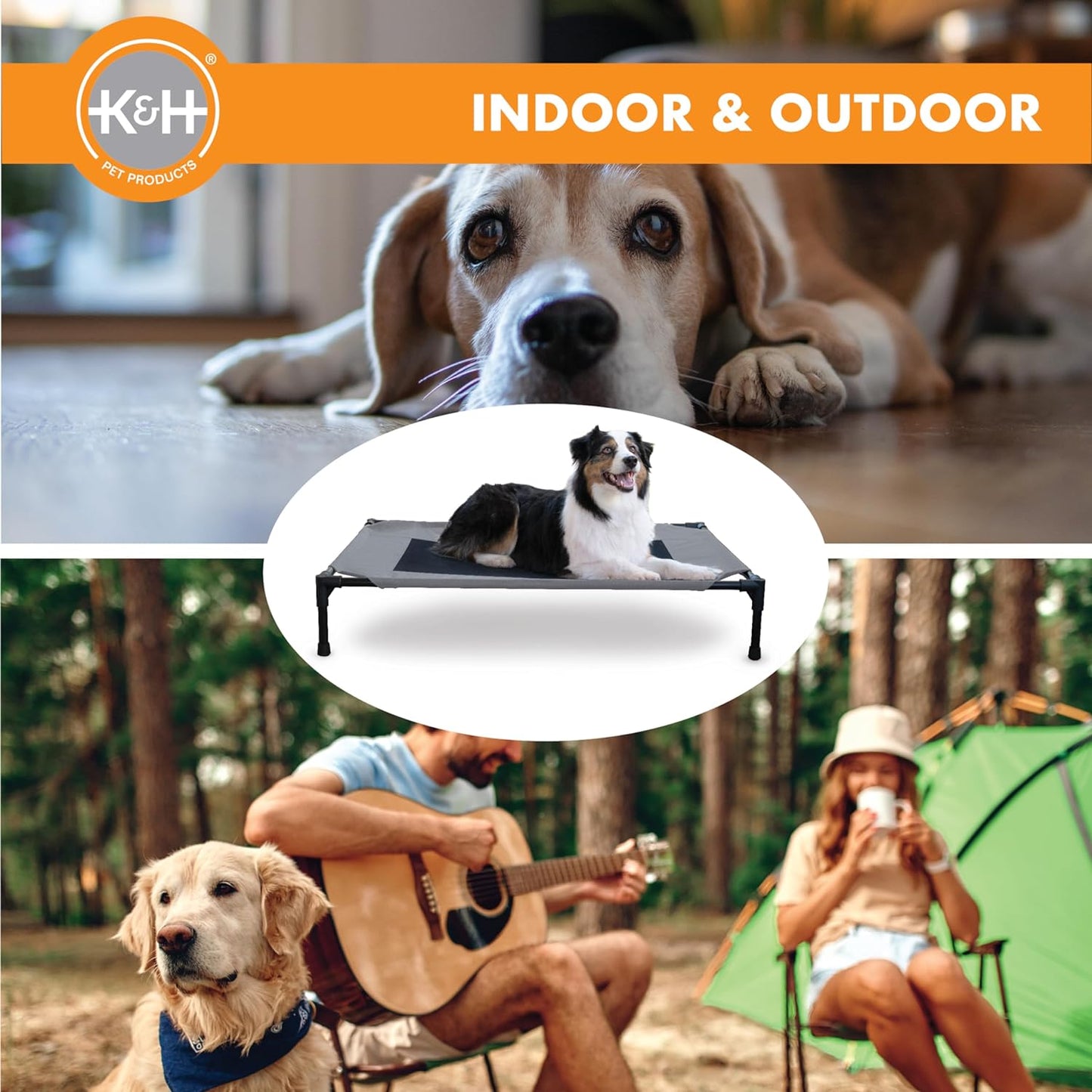 K&H Outdoor Elevated Dog Bed - Cooling Raised Dog Bed for Medium & Large Pets, Breathable Mesh Center Hammock Design, Indoor/Outdoor Washable Cover, Portable Metal Frame, Gray, Large 42X30In