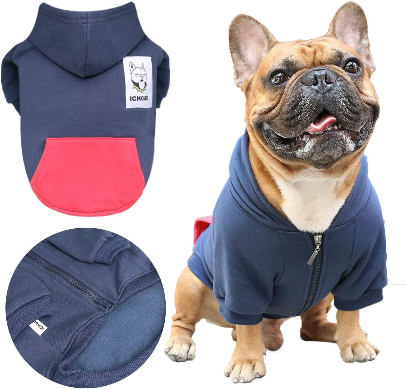 French Bulldog Pug Zipper Pocket Hoodies Clothes Navy Blue - Medium | Zipped Sweatshirts Cold Winter Coats Sweaters for Frenchie Boston Terrier Puppy English American Bully Pitbull Staffordshire
