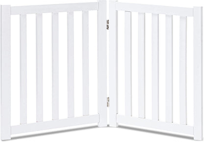 Wooden Free Standing Dog Gate 40" W X 24" H, Foldable Solid Hardwood Pet Safety Fence for House Doorways, Stairs, Hallways, Step-Over Pet Barrier, No Drill Easy Setup, White