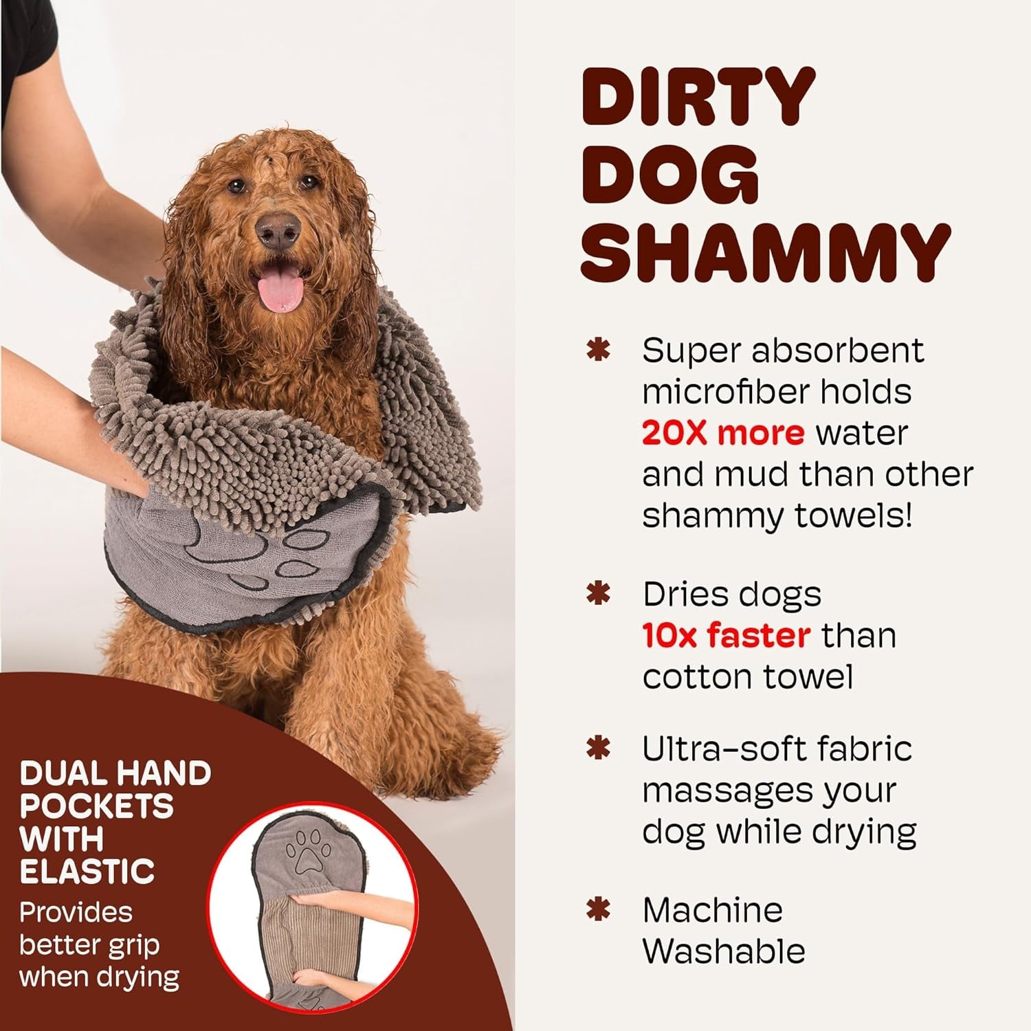 Dog Gone Smart the Dirty Dog Shammy - Antimicrobial Microfiber Dog Towel for Odor Control, Fast-Drying Plush, Dual Hand Pockets & Elastic, Super Absorbent, Machine Washable, 31 X 13 In, Grey