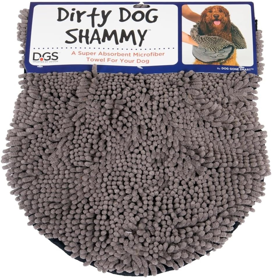 Dog Gone Smart the Dirty Dog Shammy - Antimicrobial Microfiber Dog Towel for Odor Control, Fast-Drying Plush, Dual Hand Pockets & Elastic, Super Absorbent, Machine Washable, 31 X 13 In, Grey