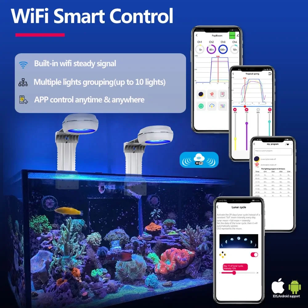 Wifi Marine Aquarium Light Smart Saltwater Lighting with App Control for Coral Reef SPS/LPS Fish Tank Lamp, with Mount
