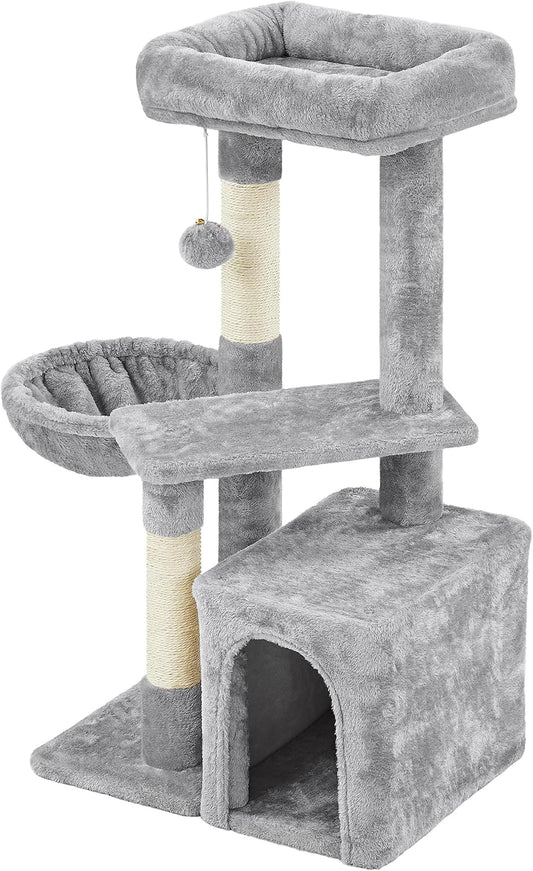 34In Small Cat Tree W/Condo & Basket for Indoor Cats, Light Gray | Scratching Posts, Soft Plush Platform & Window Perch, for Kittens & Small-Medium Cats up to 11 Lb, Easy to Assemble