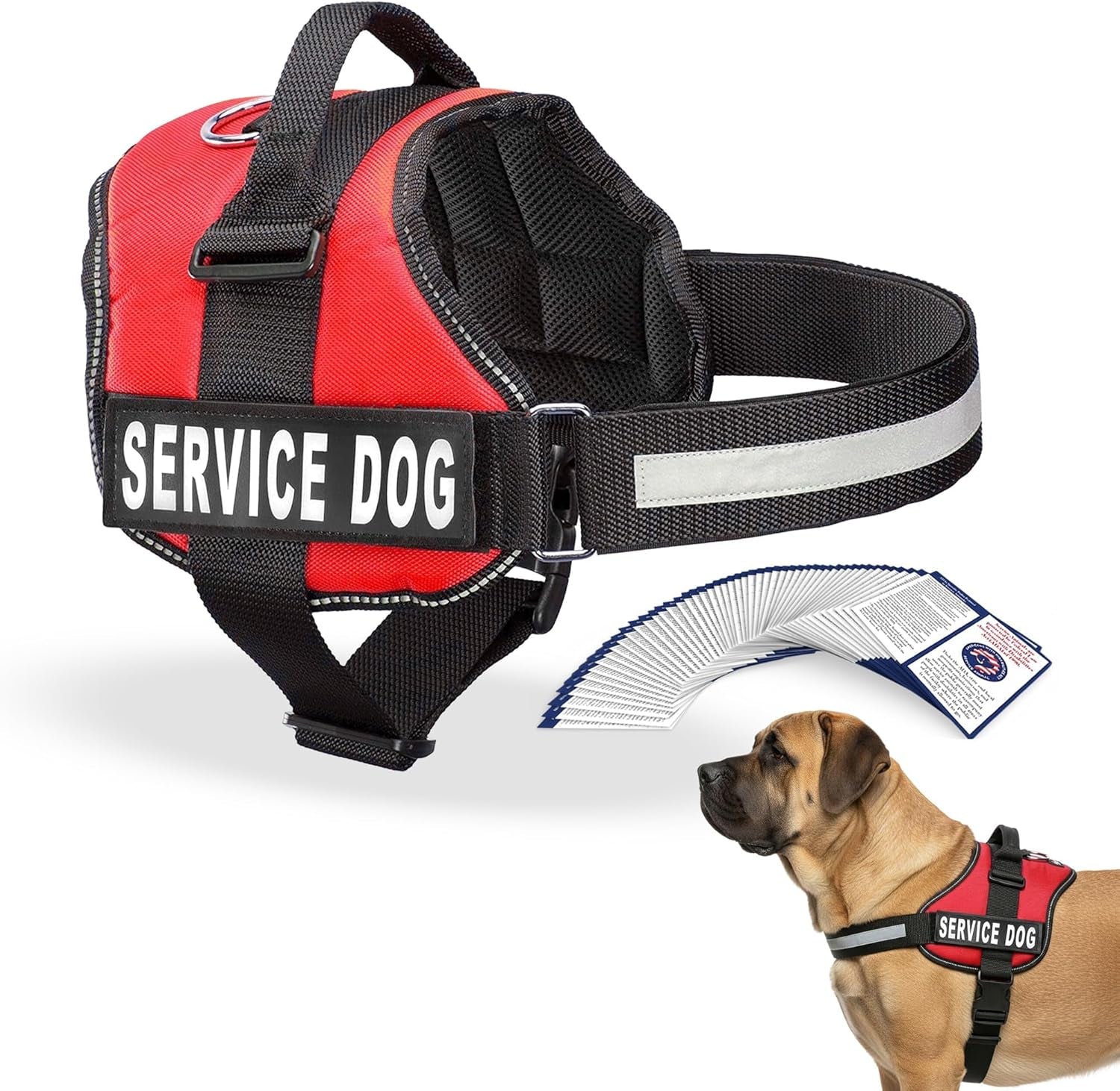 Service Dog Vest Harness, XL 30-39, Red | Durable & Adjustable Vest for Dog, Reflective Straps, Removable Patches, 50 ADA Cards, Handle & D-Ring, Travel and Daily Use