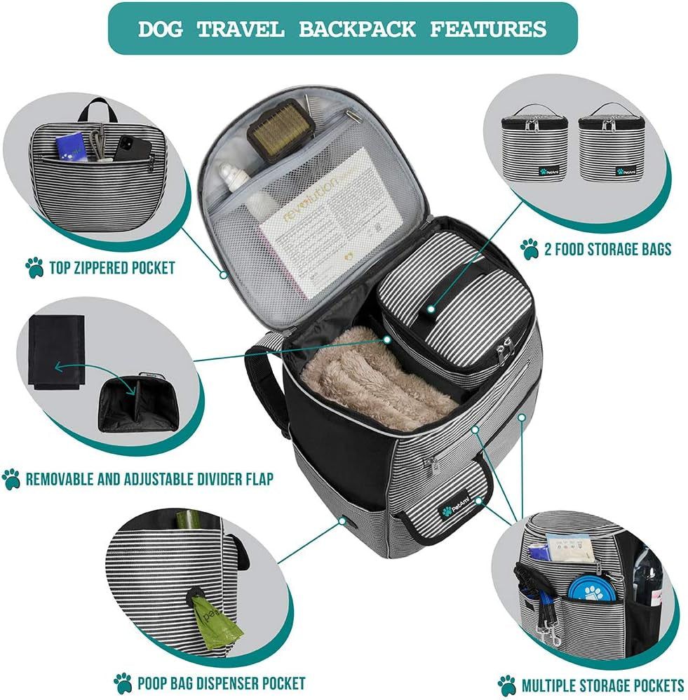 Dog Travel Backpack Airline Approved Pet Supplies Bag, Stripe Black | Cat Traveling Suitcase Organizer for Weekend Road Trip Camping; 2 Food Containers, 2 Collapsible Bowls & Poop Bag Dispenser