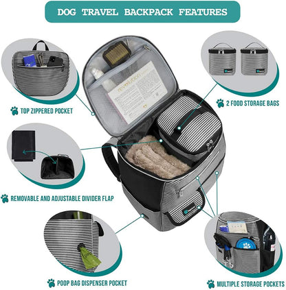 Dog Travel Backpack Airline Approved Pet Supplies Bag, Stripe Black | Cat Traveling Suitcase Organizer for Weekend Road Trip Camping; 2 Food Containers, 2 Collapsible Bowls & Poop Bag Dispenser
