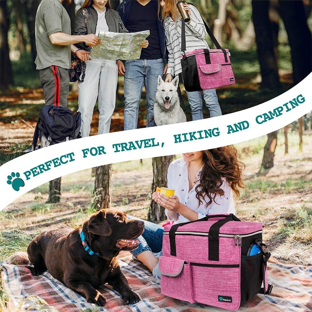 Dog Travel Bag Organizer, Pet Supplies Tote Diaper Bag, Pink Medium | Pet Travel Kit with 2 Food Containers & 2 Collapsible Dog Bowls, Luggage Sleeve, Weekend Getaway Road Trip Camping Essentials