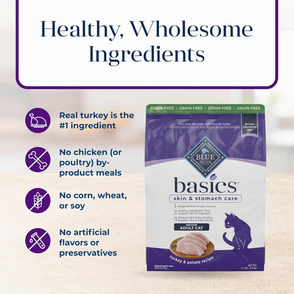 Basics Turkey Grain-Free Dry Cat Food, 11 Lb | Skin & Stomach Care, Real Turkey #1 Ingredient, Limited Ingredient Diet, Antioxidant-Rich Lifesource Bits, Skin & Coat Health