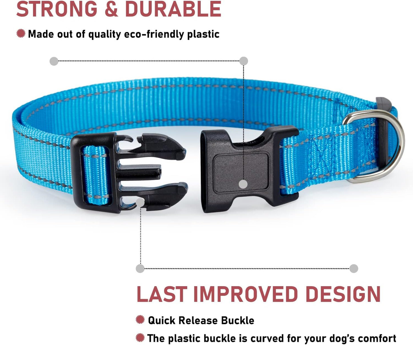Reflective Dog Collar with Buckle Adjustable Safety Nylon Collars for Small Medium Large Dogs, Blue XL | Breathable, No Chafing on Walks and Outdoor Hikes, Metal D-Ring, Night Safety