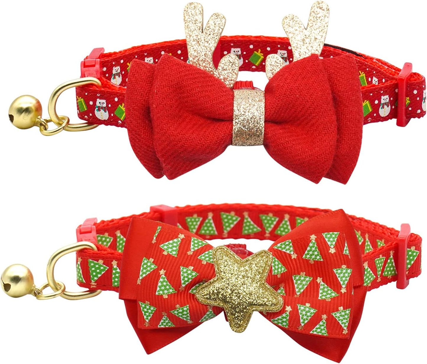 2 Pack Christmas Cat Collar with Bell, Santa & Christmas Tree Design | Safety Breakaway Buckle, Removable Bell, 2 Pack Christmas Bowtie Design, Soft Nylon Material, Adjustable Fit for Boy Gir Cats