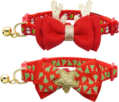 2 Pack Christmas Cat Collar with Bell, Santa & Christmas Tree Design | Safety Breakaway Buckle, Removable Bell, 2 Pack Christmas Bowtie Design, Soft Nylon Material, Adjustable Fit for Boy Gir Cats