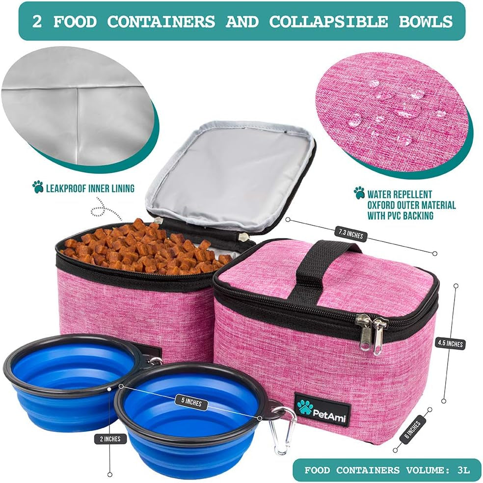 Dog Travel Bag Organizer, Pet Supplies Tote Diaper Bag, Pink Medium | Pet Travel Kit with 2 Food Containers & 2 Collapsible Dog Bowls, Luggage Sleeve, Weekend Getaway Road Trip Camping Essentials