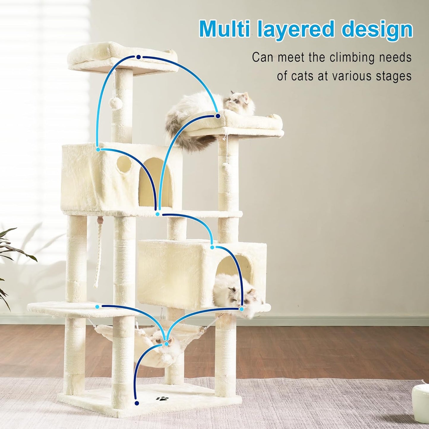 Cat Tree Tower with Sisal Scratching Posts, Big Condo, MPJ020M | 53.7 Inches Multi-Level Cat House with 2 Bigger Plush Condos, 2 Platforms, Hammock, Toy Balls for Indoor Cats, Beige