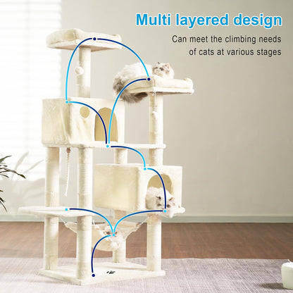 Cat Tree Tower with Sisal Scratching Posts, Big Condo, MPJ020M | 53.7 Inches Multi-Level Cat House with 2 Bigger Plush Condos, 2 Platforms, Hammock, Toy Balls for Indoor Cats, Beige