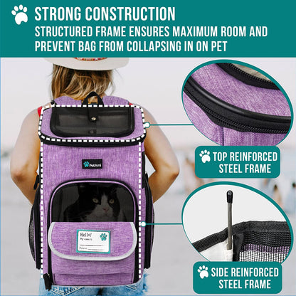 Dog Backpack Carrier, Airline Approved 4-Way Entry Cat Backpack Carrier, Ventilated Mesh, Collapsible Pet Carrier for Small Puppy, Kitten, Hiking, Travel Car, Vet, up to 18 Lbs, Purple