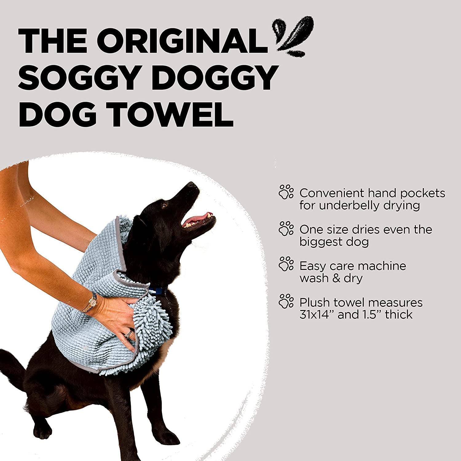 Soggy Doggy Super Shammy Dog Towel - Microfiber Chenille Towel for Drying Dogs and Cleaning Paws - Fast Drying with Hand Pockets for Ease (Gray, 31” X 14”) | Hand-Pocket Design; Noodle-Texture Chenille; Gentle on Paws & Skin; for Bath Time, Beach, Muddy Walks; Quick-Dry