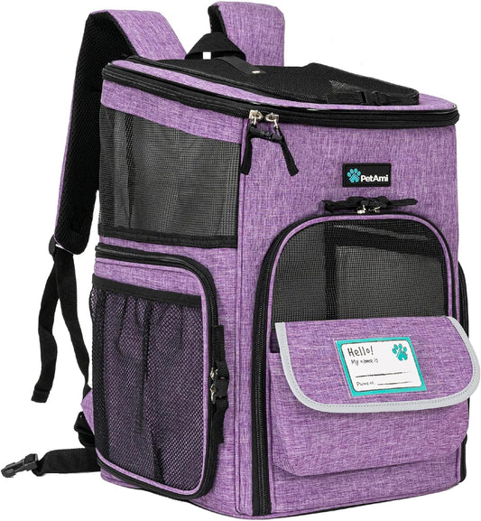 Dog Backpack Carrier, Airline Approved 4-Way Entry Cat Backpack Carrier, Ventilated Mesh, Collapsible Pet Carrier for Small Puppy, Kitten, Hiking, Travel Car, Vet, up to 18 Lbs, Purple