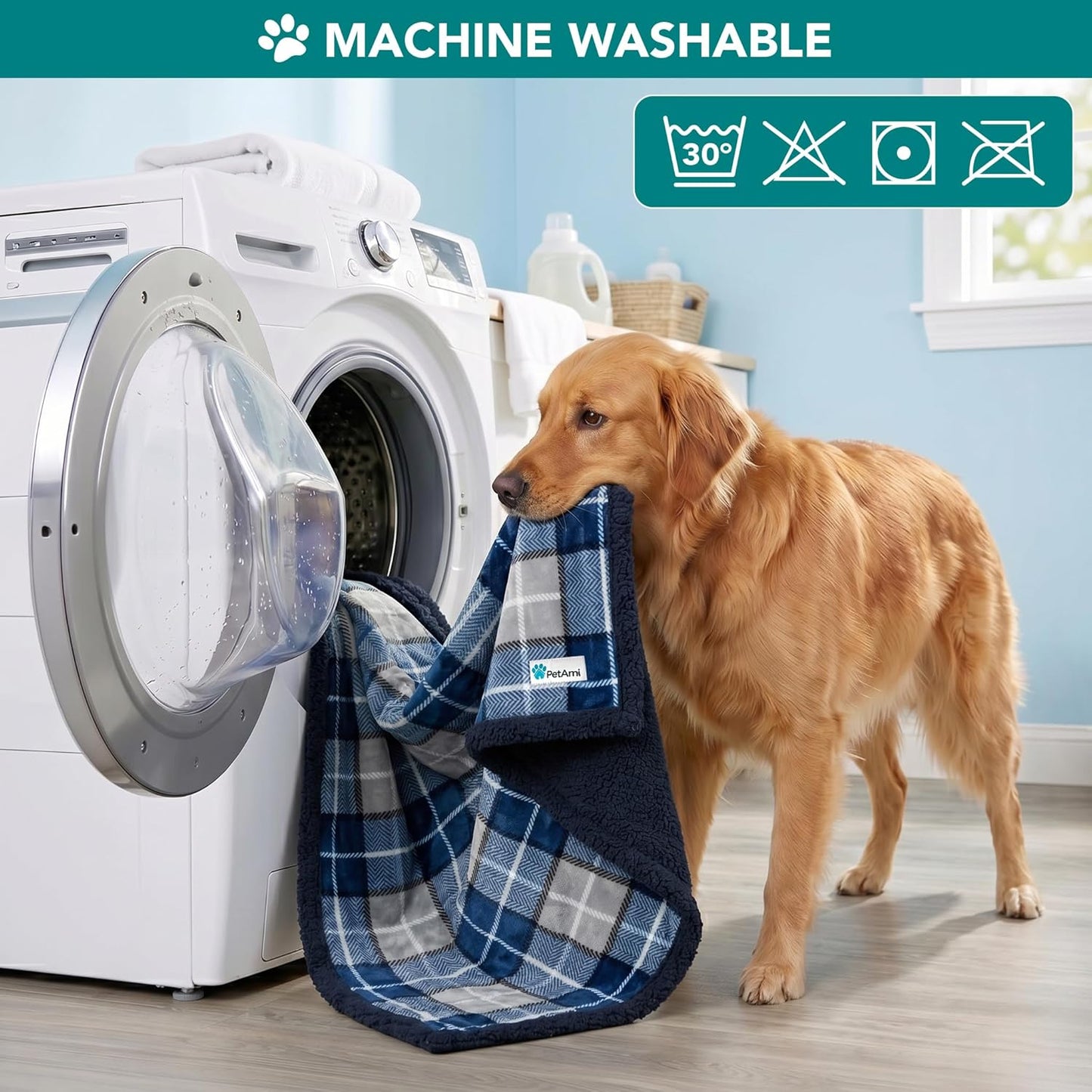 Dog Blanket for Small Medium Dogs and Cats, Soft Sherpa Fleece Pet Blanket Throw Puppies Kittens, Reversible Plush Couch Cover Protector Sofa Bed Crate, Machine Washable, 60X40, Plaid Navy Blue