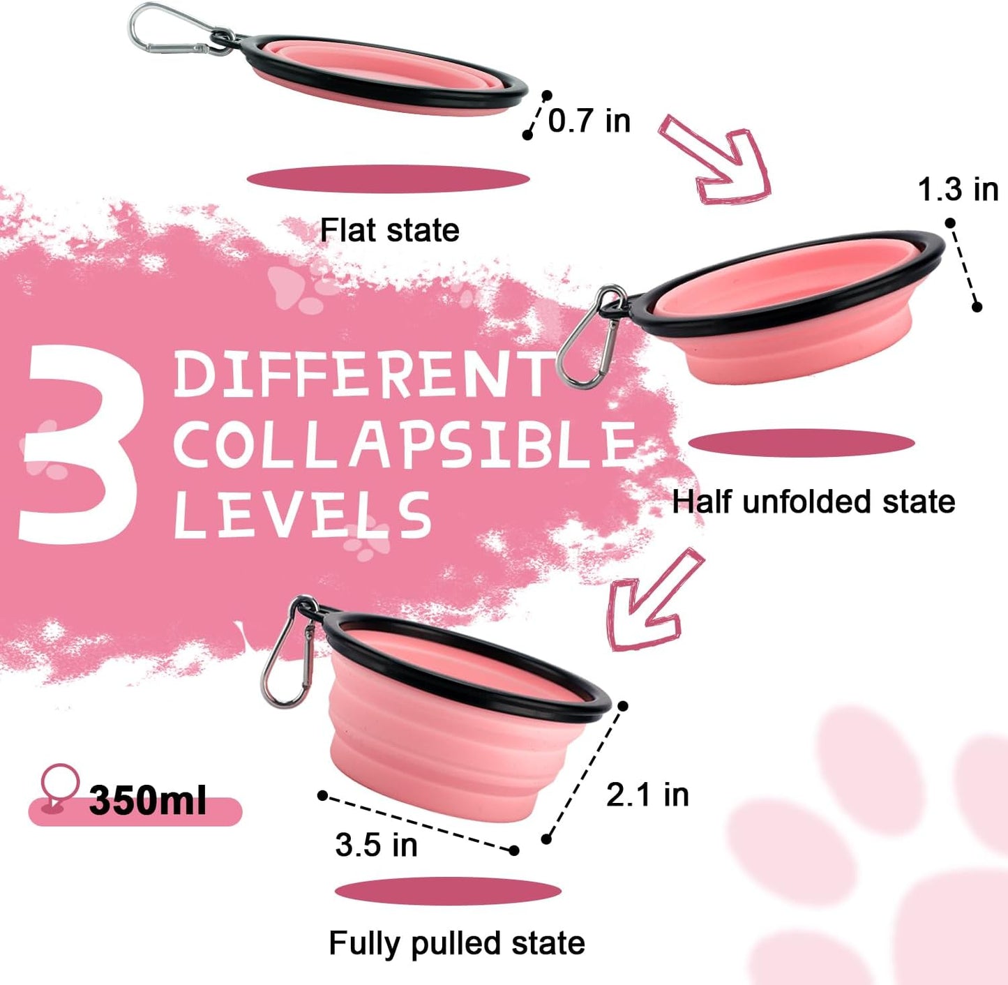 Collapsible Dog Bowls for Travel, 2-Pack Dog Portable Water Bowl for Dogs Cats Pet Foldable Feeding Watering Dish for Traveling Camping with Carabiners, BPA Free (Grey&Pink, Small (Pack of 2))