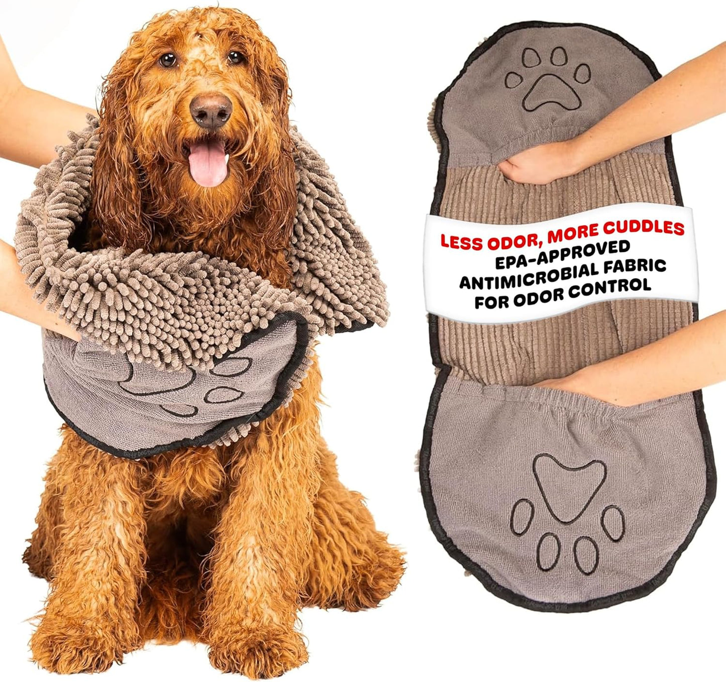 Dog Gone Smart the Dirty Dog Shammy - Antimicrobial Microfiber Dog Towel for Odor Control, Fast-Drying Plush, Dual Hand Pockets & Elastic, Super Absorbent, Machine Washable, 31 X 13 In, Grey