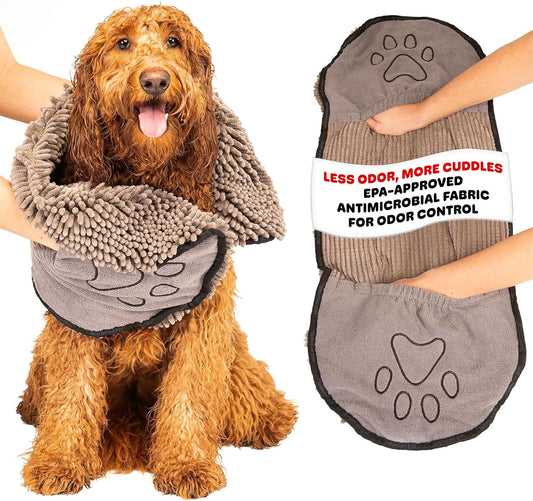 Dog Gone Smart the Dirty Dog Shammy - Antimicrobial Microfiber Dog Towel for Odor Control, Fast-Drying Plush, Dual Hand Pockets & Elastic, Super Absorbent, Machine Washable, 31 X 13 In, Grey