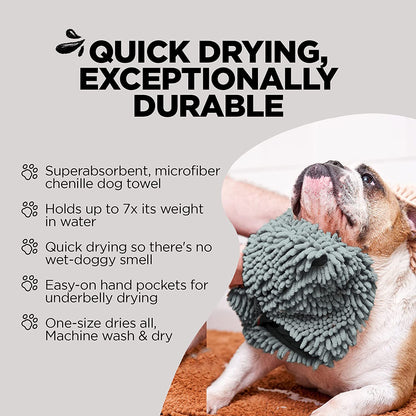 Soggy Doggy Super Shammy Dog Towel - Microfiber Chenille Towel for Drying Dogs and Cleaning Paws - Fast Drying with Hand Pockets for Ease (Gray, 31” X 14”) | Hand-Pocket Design; Noodle-Texture Chenille; Gentle on Paws & Skin; for Bath Time, Beach, Muddy Walks; Quick-Dry