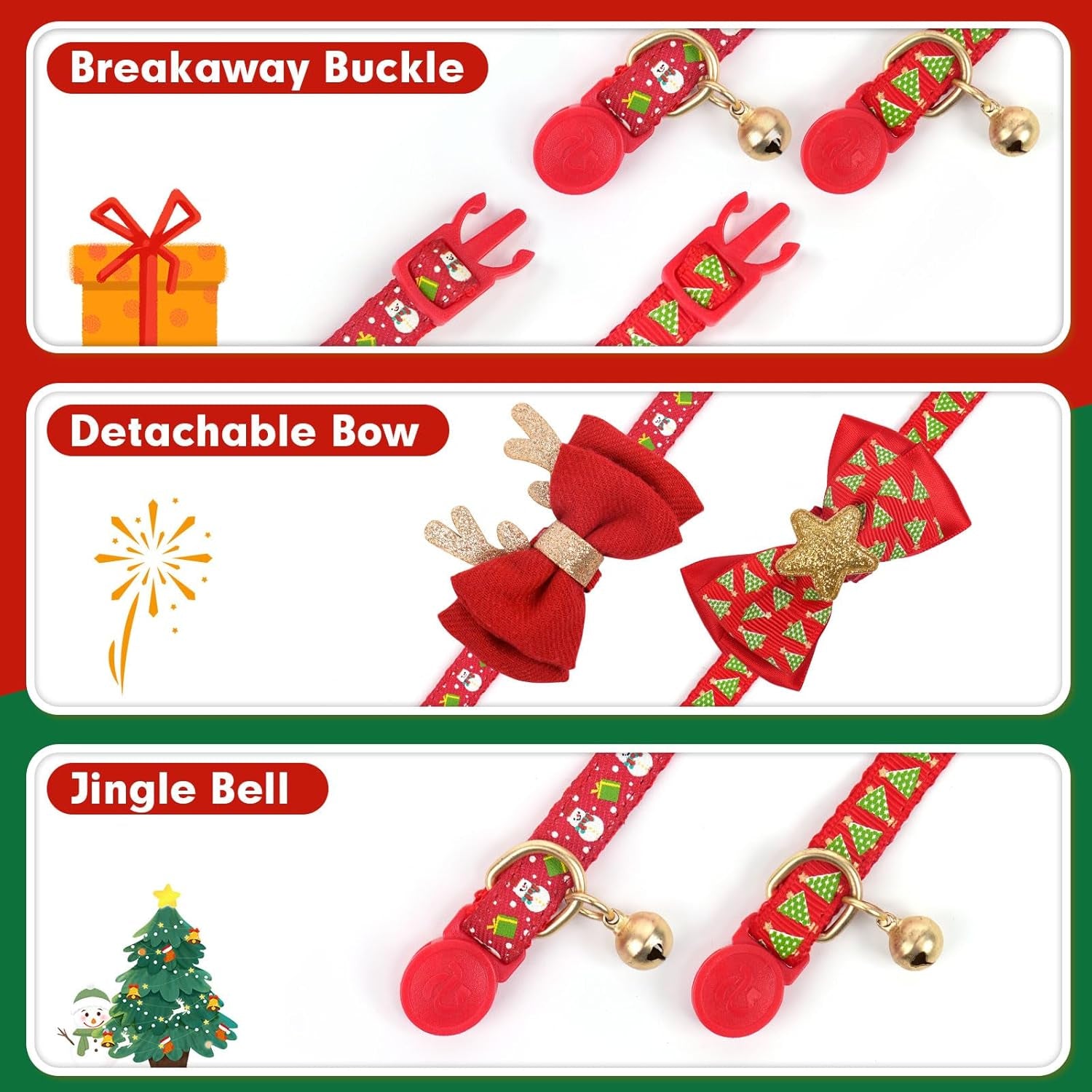 2 Pack Christmas Cat Collar with Bell, Santa & Christmas Tree Design | Safety Breakaway Buckle, Removable Bell, 2 Pack Christmas Bowtie Design, Soft Nylon Material, Adjustable Fit for Boy Gir Cats