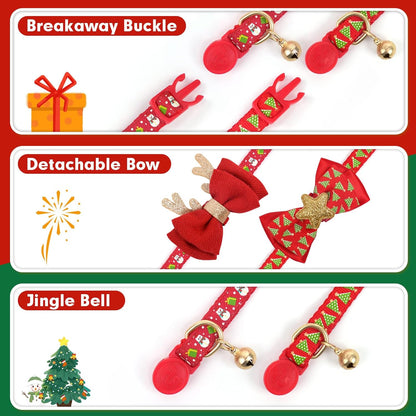 2 Pack Christmas Cat Collar with Bell, Santa & Christmas Tree Design | Safety Breakaway Buckle, Removable Bell, 2 Pack Christmas Bowtie Design, Soft Nylon Material, Adjustable Fit for Boy Gir Cats