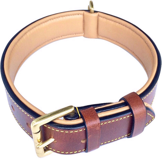 Padded Leather Dog Collar, Large Brown, Real Genuine Leather, 24" Long X 1.5 Wide, Fits Neck Size 18" to 21" Inches
