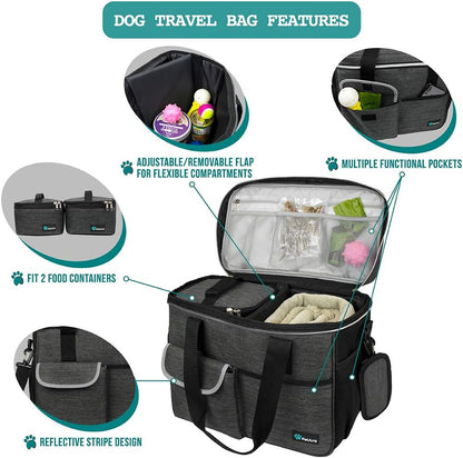 Dog Travel Bag Organizer, Pet Supplies Diaper Tote, Dark Gray Medium | Pet Travel Kit with 2 Food Containers & 2 Collapsible Dog Bowls, Luggage Sleeve, Weekend Getaway Road Trip Camping Essentials